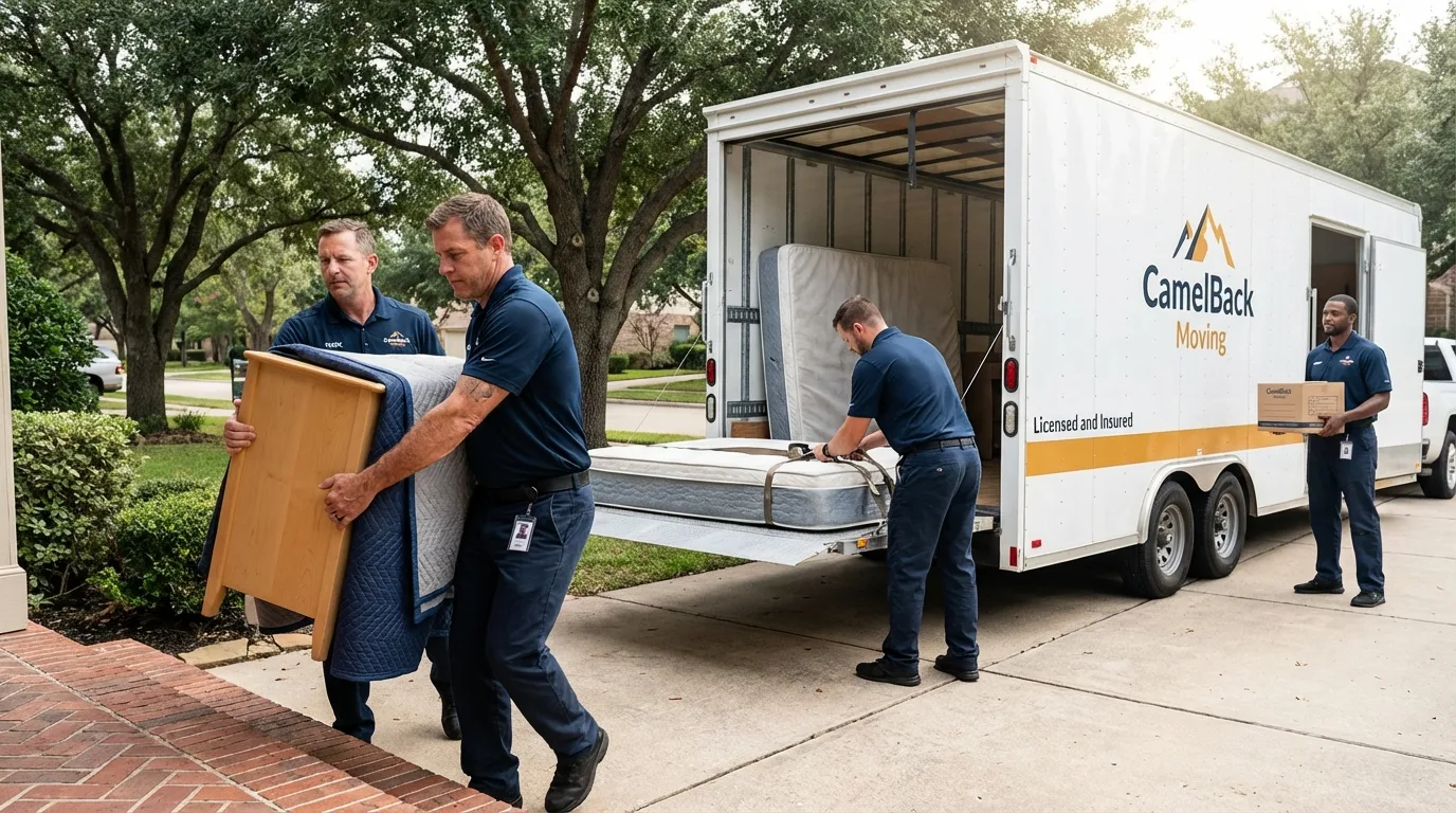 Crew loading residential truck for cross-state move from Whittier, CA