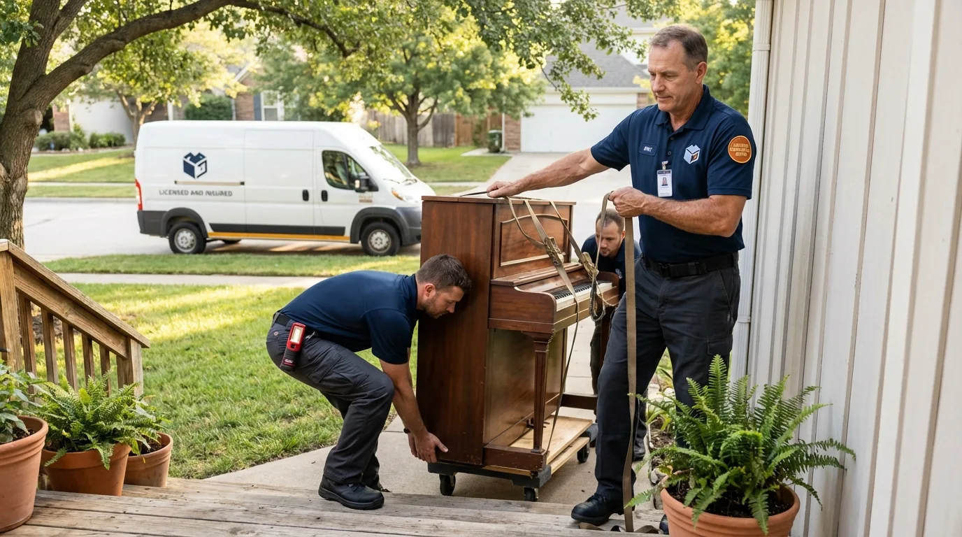 Licensed piano movers securing grand piano in Whittier, CA