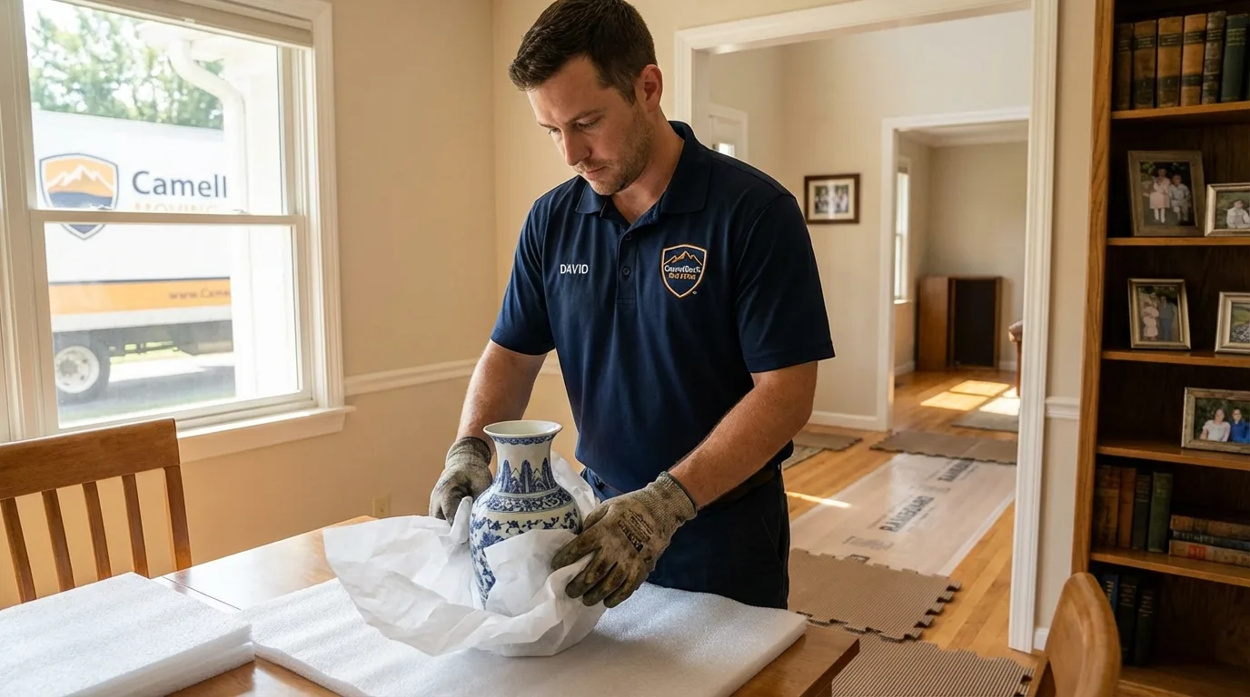 Professional crew carefully wrapping antique vase for senior downsizing move in Whittier, CA